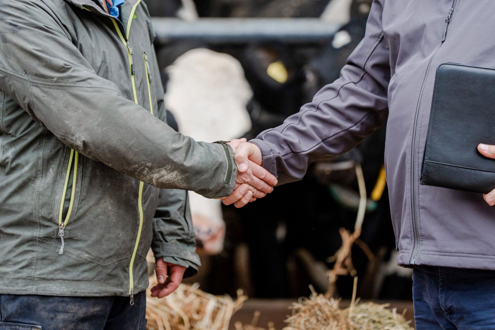 Insurance broker shaking hands with a farmer on site, representing trusted face-to-face advice and long-term relationships